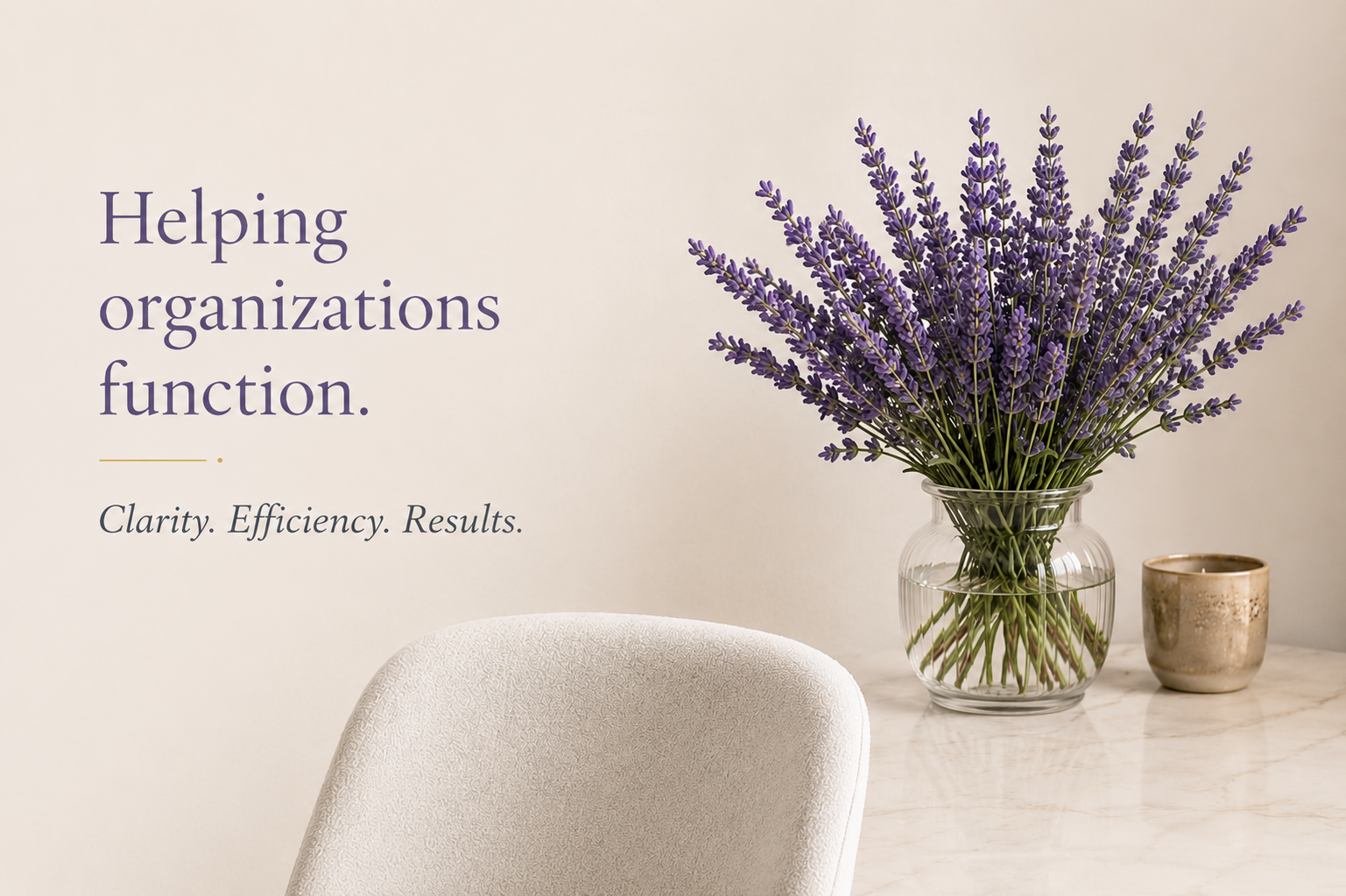 Calm workspace with lavender flowers, notebook and candle