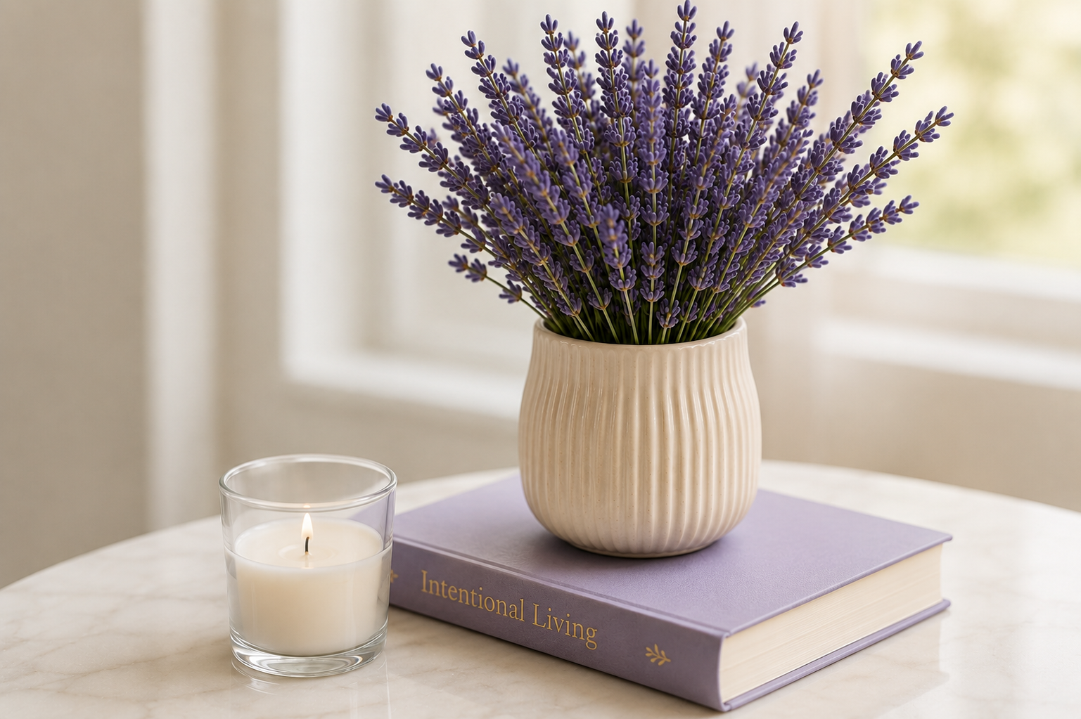 Lavender bouquet in a cream vase on an Intentional Living book with a candle, calm professional setting